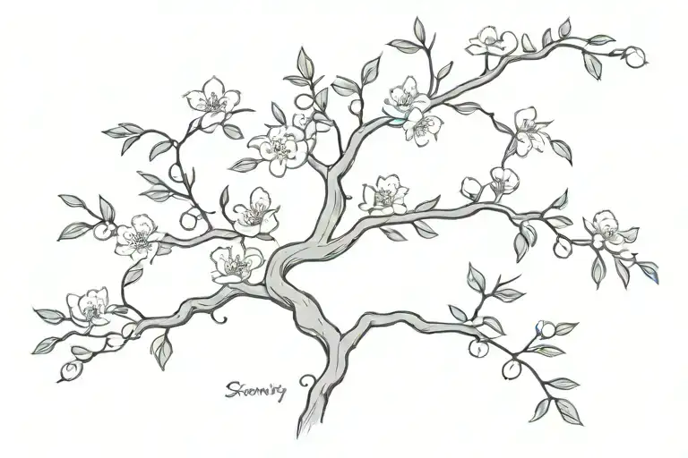 small mini pine, bonsai, or cherry blossom tree with hanging vine of names Serenity Skye written vertically tattoo design idea