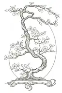 small mini pine, bonsai, or cherry blossom tree with hanging vine of names Serenity Skye written vertically tattoo design idea