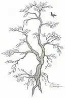 small mini pine, bonsai, or cherry blossom tree with hanging vine of names Serenity Skye written vertically tattoo design idea