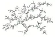 small mini pine, bonsai, or cherry blossom tree with hanging vine of names Serenity Skye written vertically tattoo design idea