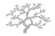 small mini pine, bonsai, or cherry blossom tree with hanging vine of names Serenity Skye written vertically tattoo design idea