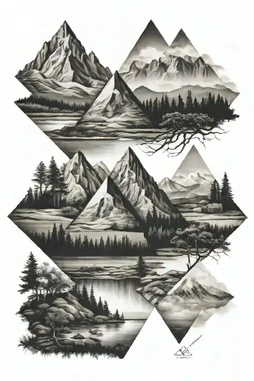 two perpendicular triangles, the top has mountains and sky. the bottom has grass and trees. put a river connecting them tattoo design idea