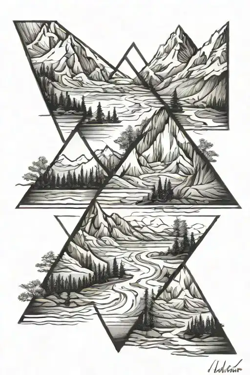 two perpendicular triangles representing mountains with a river running through them tattoo design idea