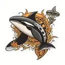 wise orca whale matriach, big eyes, spiritual tattoo design idea