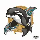 wise orca whale matriach, big eyes, spiritual tattoo design idea