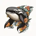 wise orca whale matriach, big eyes, spiritual tattoo design idea
