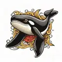 wise orca whale matriach, big eyes, spiritual tattoo design idea