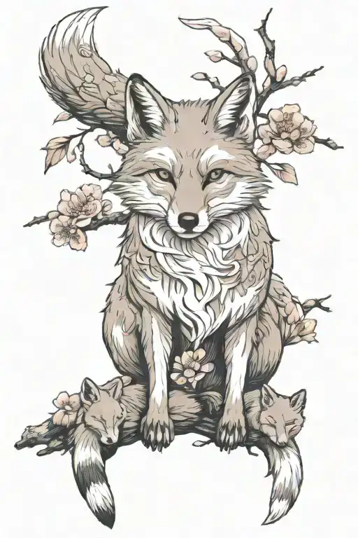 a powerful and graceful Japanese kitsune (fox) mother with two kits (baby foxes) in a serene cherry blossom grove tattoo design idea
