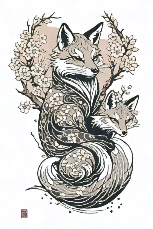 A powerful and graceful Japanese kitsune (fox) mother with her kits (baby foxes) in a serene cherry blossom grove.  tattoo design idea