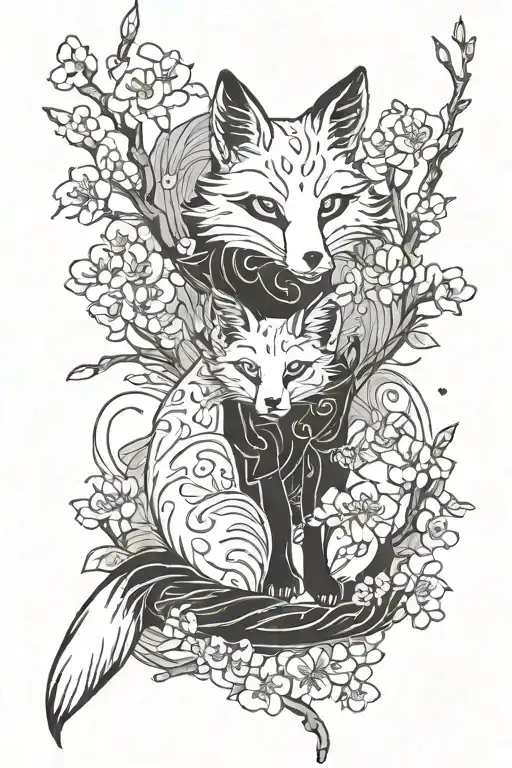 Imagine a powerful and graceful Japanese kitsune (fox) mother with two kits (baby foxes) in a serene cherry blossom grov tattoo design idea