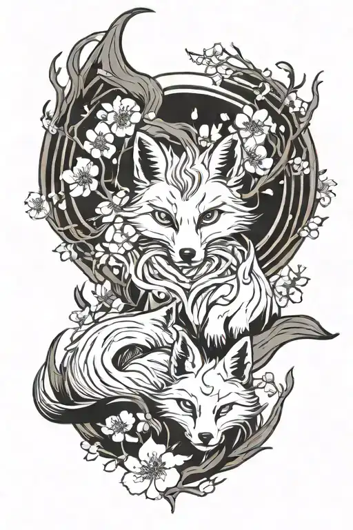 Imagine a powerful and graceful Japanese kitsune (fox) mother with her kits (baby foxes) in a serene cherry blossom grov tattoo design idea