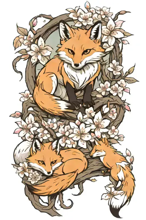 Imagine a powerful and graceful Japanese kitsune (fox) mother with her kits (baby foxes) in a serene cherry blossom grov tattoo design idea