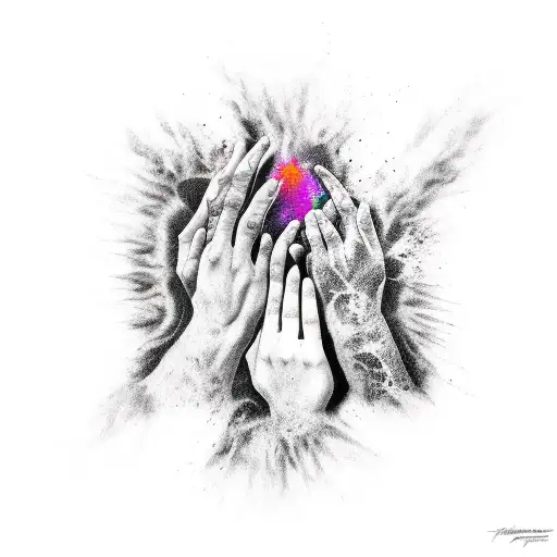 two black and white shadows touching at the hands and color exploding form that point tattoo design idea