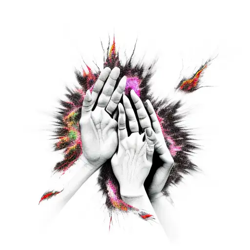 two black and white shadows touching at the hands and color exploding form that point tattoo design idea