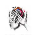 two black and white shadows touching at the hands and color exploding form that point tattoo design idea