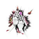 two black and white shadows touching at the hands and color exploding form that point tattoo design idea