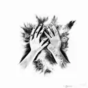 two black and white shadows touching at the hands and color exploding form that point tattoo design idea