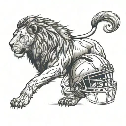 A majestic lion wearing a football helmet, symbolizing strength and agility on the field tattoo design idea