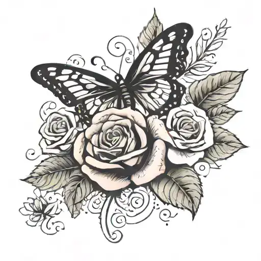 rose and butter fly with 01061975 in roman numerals  tattoo design idea