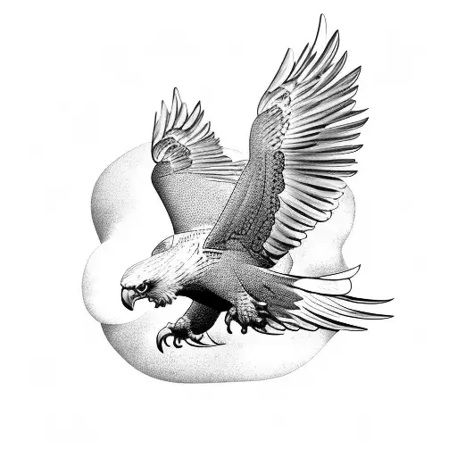 flying Eagle, down from sky, with wide wings opened, from side perspective tattoo design idea