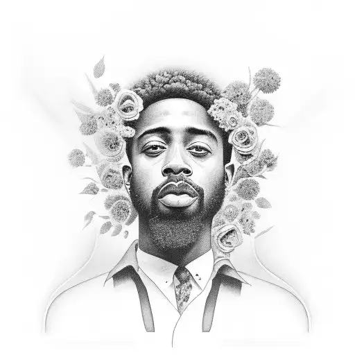 A portrait of Brent Faiyaz surrounded by abstract paintings and a floral border tattoo design idea