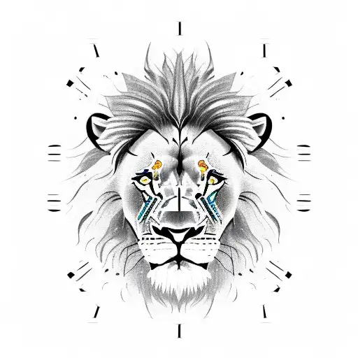calm lion face with roman numeral clock and music tattoo design idea