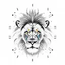 calm lion face with roman numeral clock and music tattoo design idea