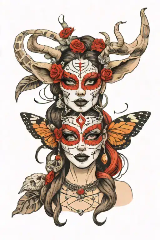 beautiful warrior princess with deer horns and wearing a death moth mask over her eyes  tattoo design idea