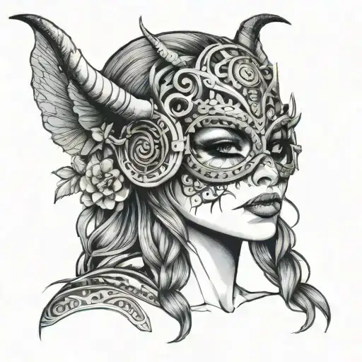 beautiful  woman warrior princess wearing think deer horns and a death moth mask over her eyes. tattoo design idea