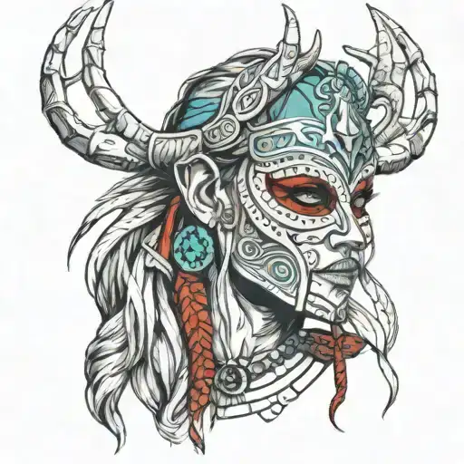 viking woman warrior wearing deer horns and a death mask over her eyes. use black and white with hints of teal and red  tattoo design idea