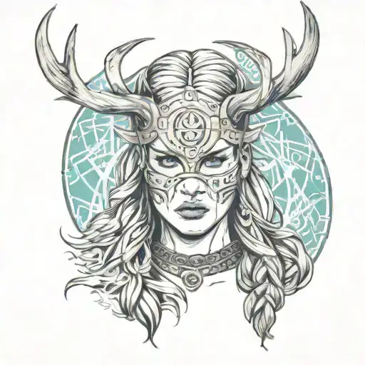 viking woman warrior wearing deer horns and a death mask over her eyes. use black and white with hints of teal and red  tattoo design idea