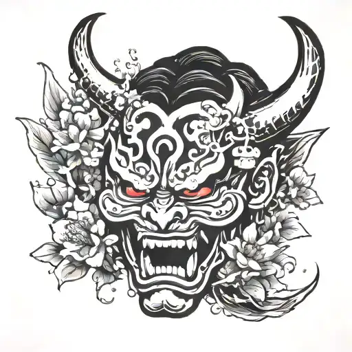 chery blossoms falling on to oni mask surrounded by spirits  tattoo design idea