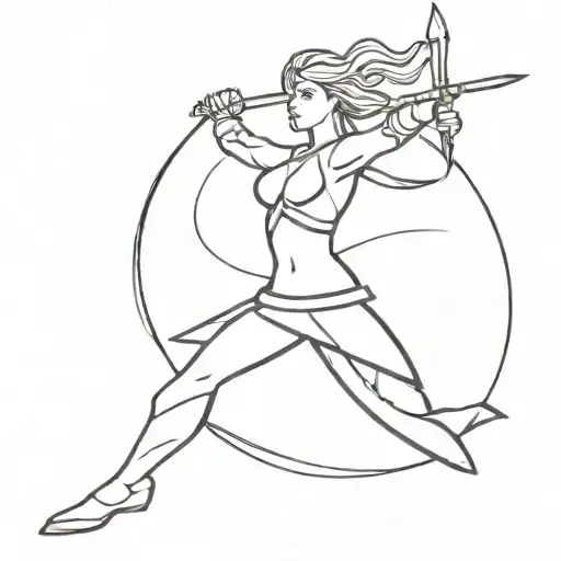 a woman warrior in a armor, holding a sword up to the sky tattoo design idea