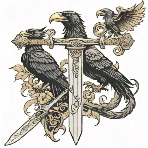 viking sword  in ground with ravens sitting on hilt tattoo design idea