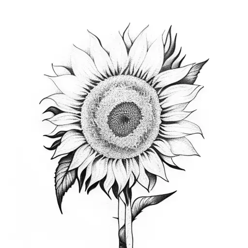 Single sunflower on a stem facing forward with a shadow of itself behind it tattoo design idea
