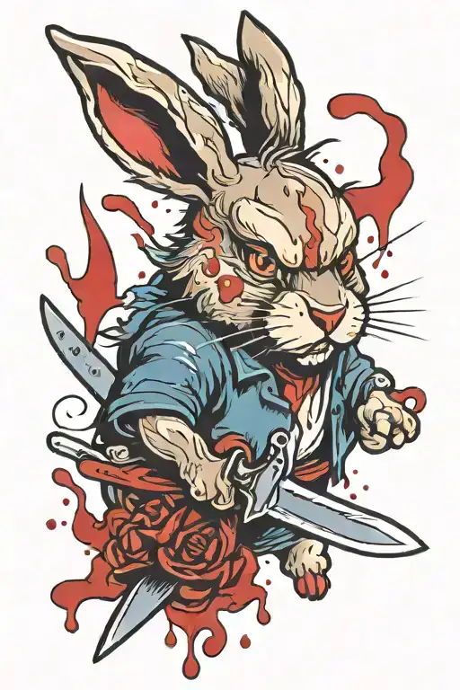 angry rabbit with knife with blood dripping tattoo design idea