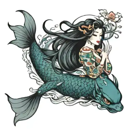 Japanese mermaid swimming tattoo design idea
