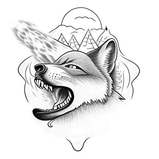 A cayote howling at the moon in the Bay area, surrounded by graffiti art of wildland fire fighters in action tattoo design idea