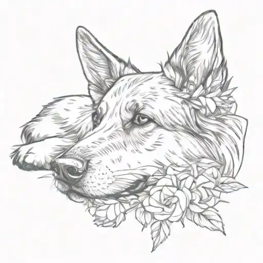 german shepherd long hair laying down with bent ears holding flower in mouth minamalistic line drawing tattoo design idea
