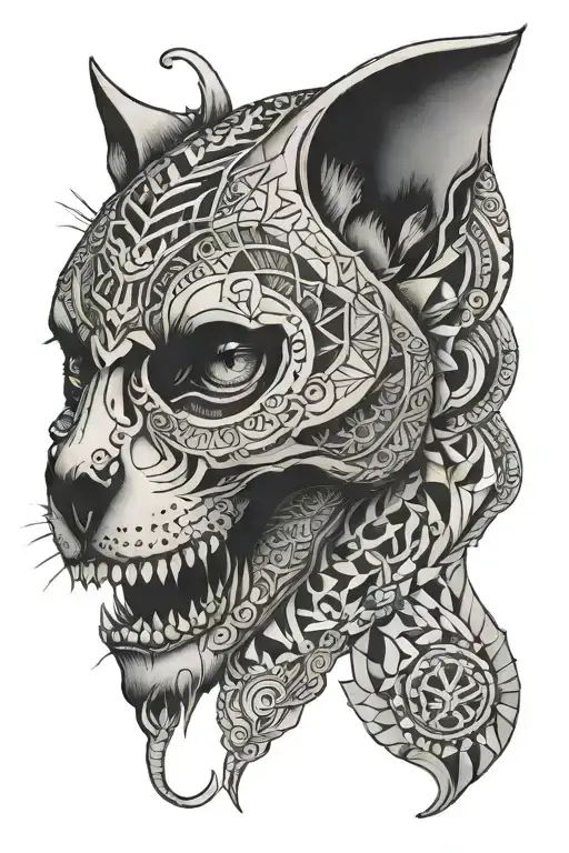 cat skull with geometric and mandala tattoo design idea
