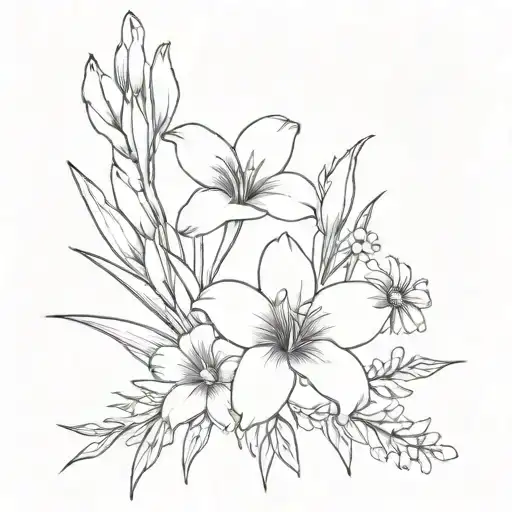 boquet including daisies, gladiolus, and morning glory flower tattoo design idea
