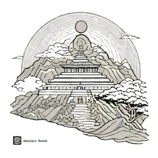 mountain, dharma chakra, and this line: 'बुद्धिहीन तनु जानिके, सुमिरौं पवन कुमार। बल-बुद्धि बिद्या देह मोहिं, हरहु कलेस' tattoo design idea