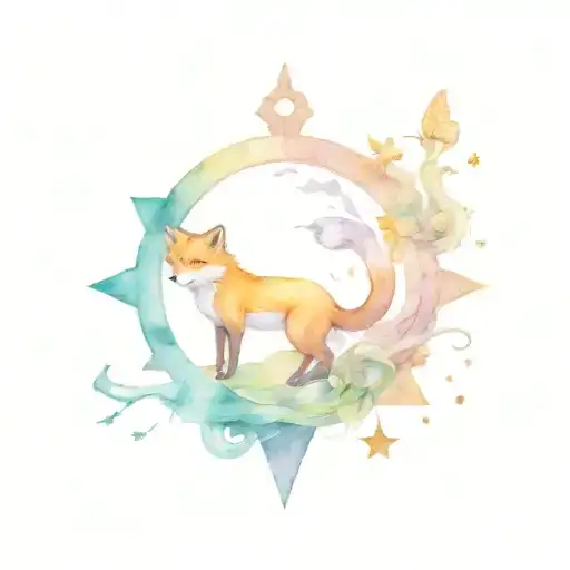 ittle Prince on planet, tilted crown, Fox with compass, Rose in dome with butterfly, Snake with broken chain. Mirror,  tattoo design idea