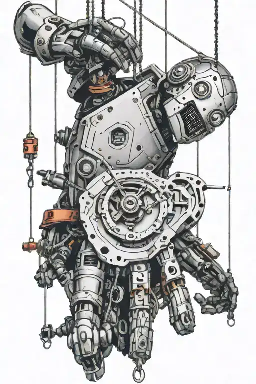 A half black and robot puppet hanging from strings cutting 1 side with scissors letting go all the distraction  tattoo design idea