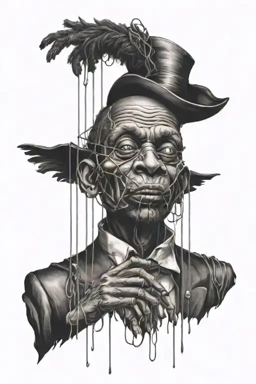 puppet master with strings transforming into a black man  tattoo design idea