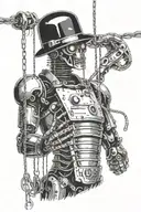 A half black and robot puppet hanging from strings cutting 1 side with scissors letting go all the distraction  tattoo design idea