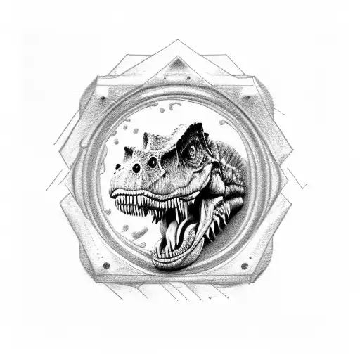 a drawing of the Jurassic Park portal with a T Rex holding a Hamburger in its right hand tattoo design idea
