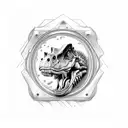 a drawing of the Jurassic Park portal with a T Rex holding a Hamburger in its right hand tattoo design idea