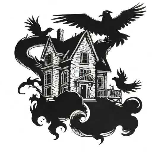 A haunted house with a snake slithering around its base, surrounded by a flock of ravens tattoo design idea