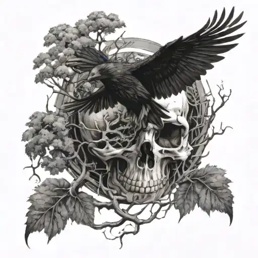 A skull with ravens flying out of its eye sockets, surrounded by a dense forest of twisted trees tattoo design idea